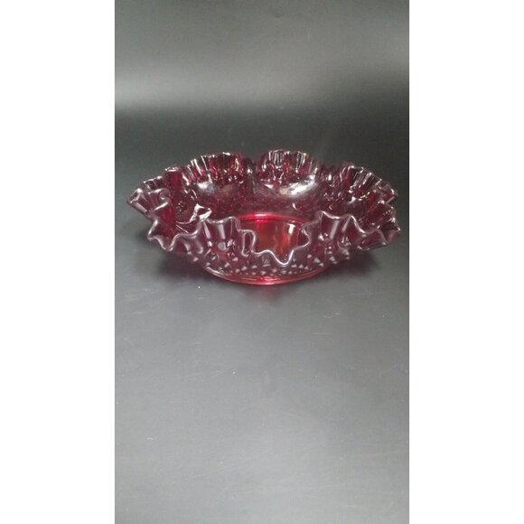 Fenton Hobnail Ruby Red Amberina Glow Ruffle Glass Candy Dish - Picture 9 of 16